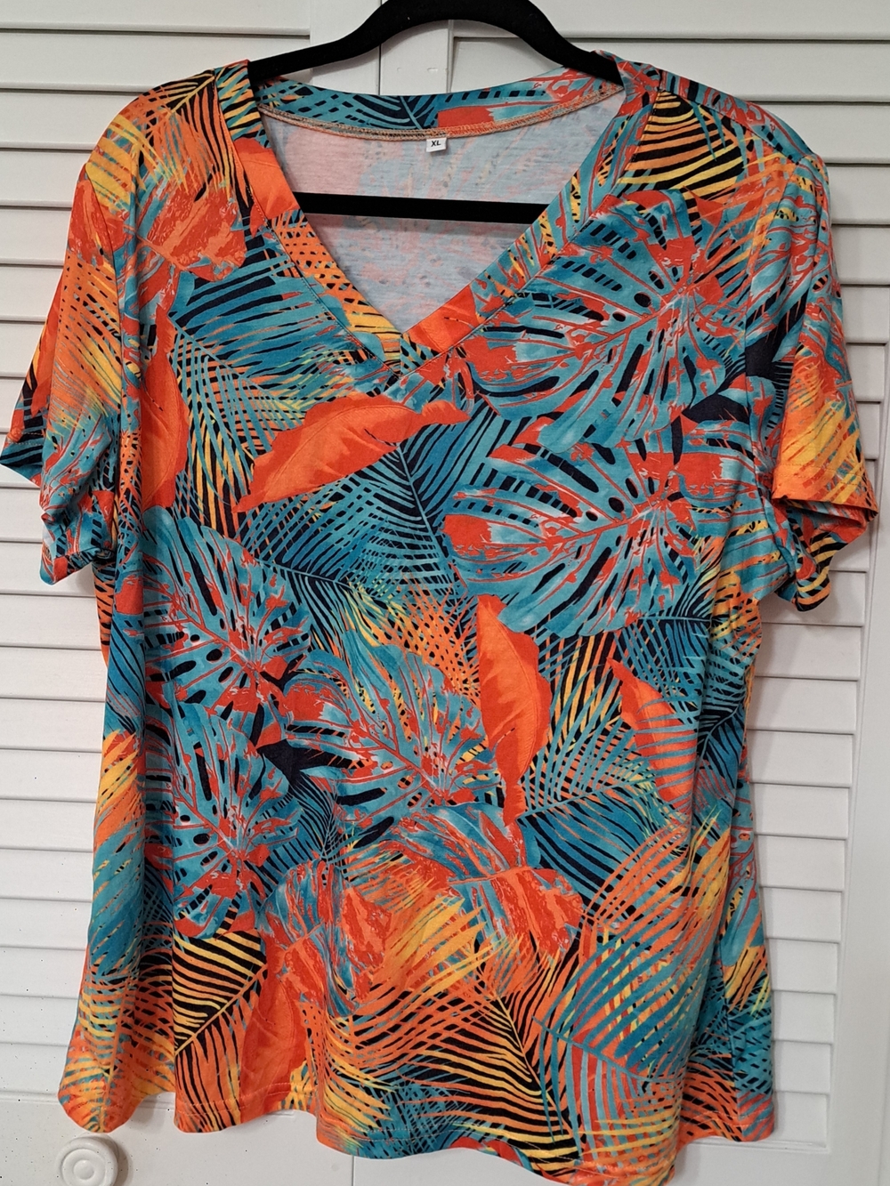 SHEIN Tropical Leaf V-Neck Blouse in Orange, Teal & Yellow